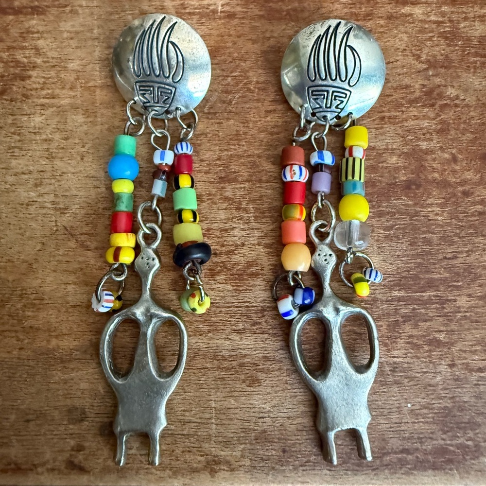 Vintage Southwestern Style Silver Tone and Multicolor Beaded Earrings